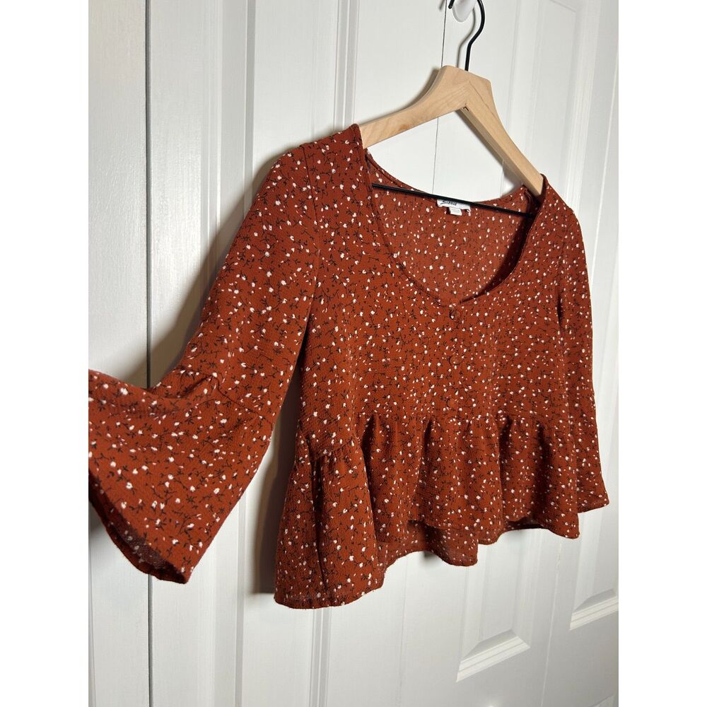 Subdued Rust Orange Floral Print Peplum Flare Sleeve Crop Top Small